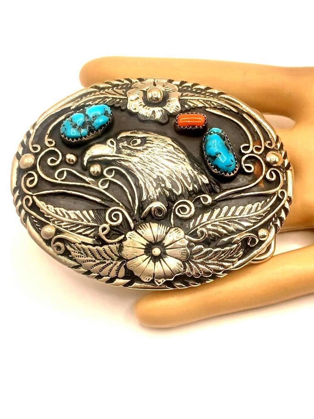 Vintage Navajo Turquoise & Coral Handcrafted Eagle Belt Buckle SSI 88 USA 120g